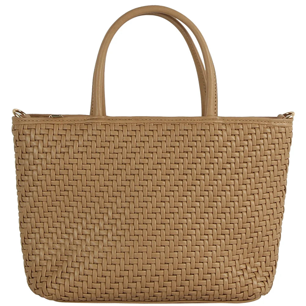 Smooth Woven Design Handle Tote Bag - Taupe - Shoulder Bags