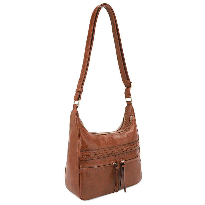 Brown leather Smooth Zipper Crossbody Bag with decorative stitching and zipper details