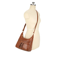 Brown leather Smooth Zipper Crossbody Bag with long strap and front pocket