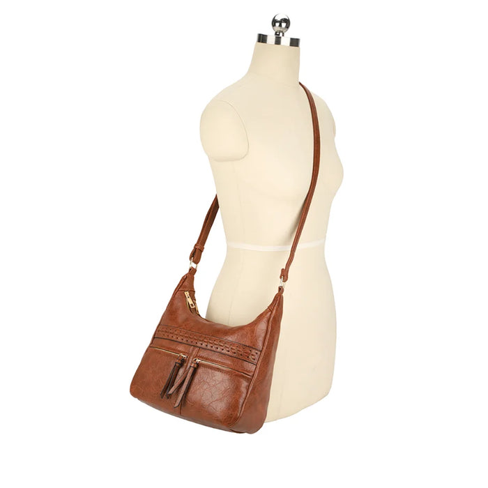 Brown leather Smooth Zipper Crossbody Bag with long strap and front pocket