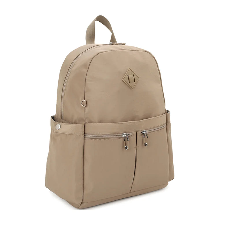 Beige Smooth Zipper Design Backpack with multiple zippered compartments and top handle