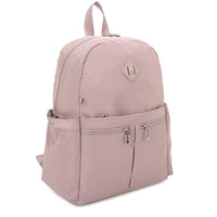 Pale pink backpack featuring smooth zipper design and multiple zippered compartments