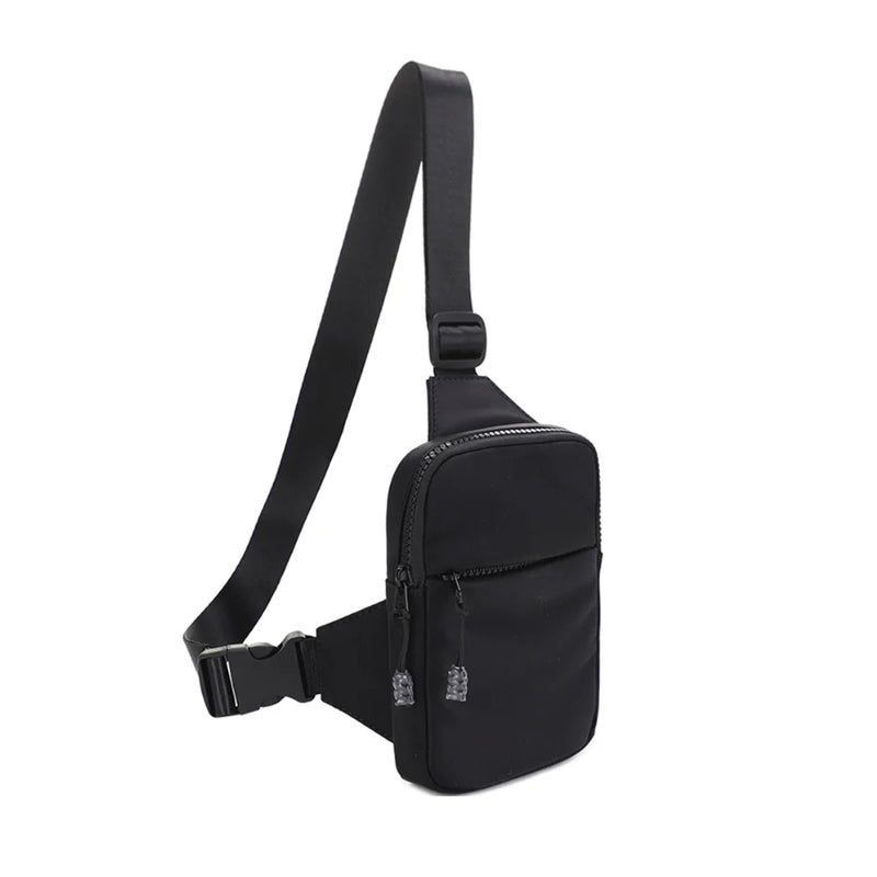 Black Smooth Zipper Sling Crossbody Bag with adjustable strap and multiple compartments