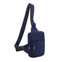 Navy blue smooth zipper sling crossbody bag with adjustable strap and zippered compartments