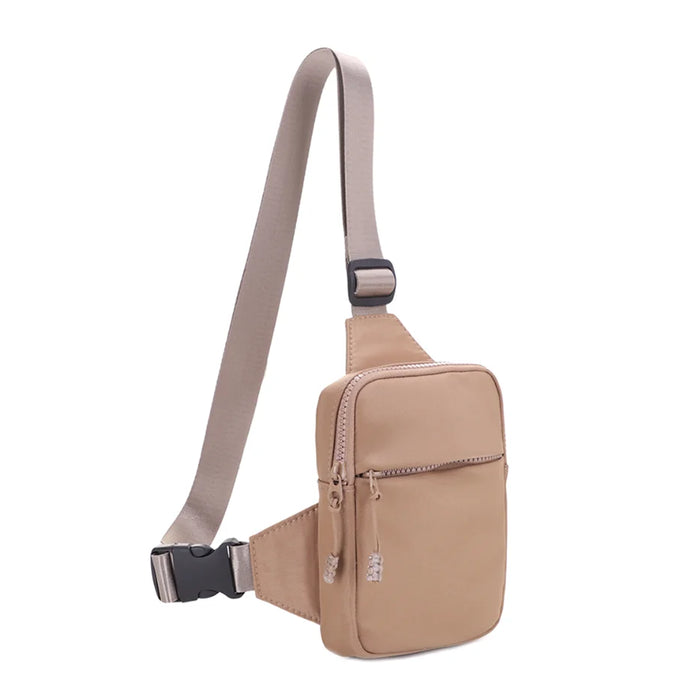 Beige leather smooth zipper sling crossbody bag with adjustable strap and compartments