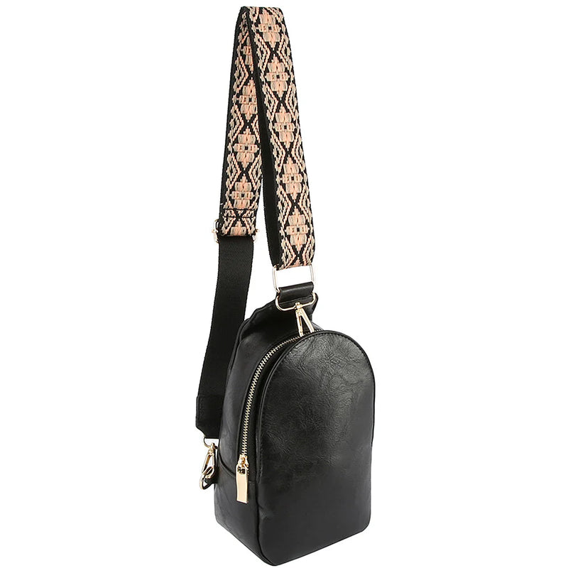 Black leather mini backpack with patterned shoulder strap for the Smooth Zipper Sling Crossbody