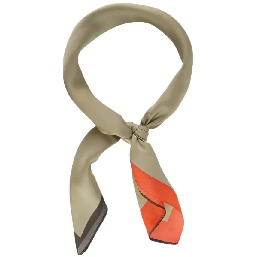 Tied beige and orange patterned So Silky Satin Neckerchief Camel Scarf for stylish outfits