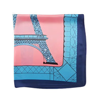 Pink and blue Eiffel Tower scarf, luxury silky satin neckerchief for stylish outfits