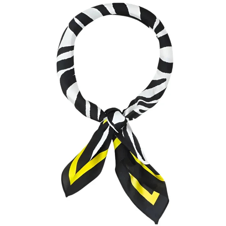 Silky satin neckerchief Zebra Scarf featuring black and white stripes with yellow accents