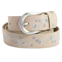 Beige belt with floral embroidery and silver buckle on a white background