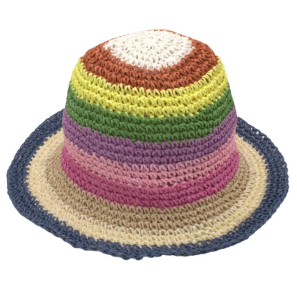 Colorful crocheted soft straw bucket hat perfect for sunny days
