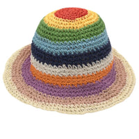 Rainbow-striped crocheted soft straw bucket hat for summer sun protection