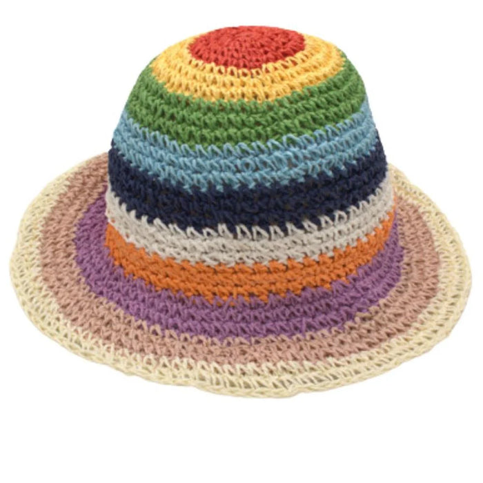 Rainbow-striped crocheted soft straw bucket hat for summer sun protection
