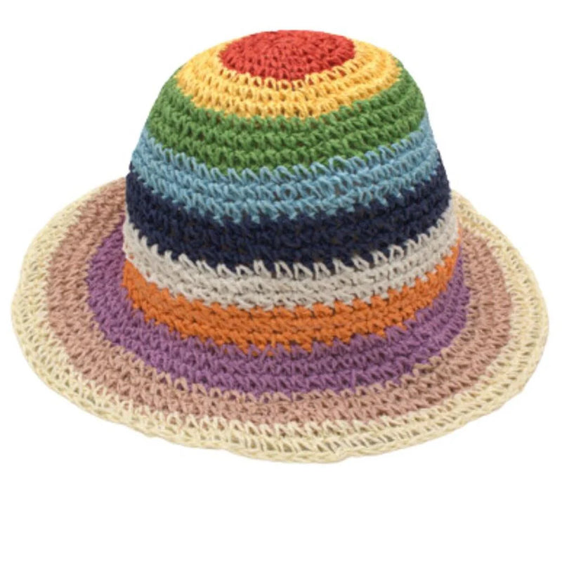 Rainbow-striped crocheted soft straw bucket hat for summer sun protection