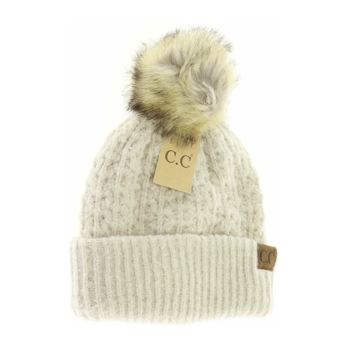 Solid Smocked Stitch Fur Pom C.C Beanie with white hat and fuzzy pompom detail