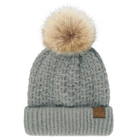 Gray Solid Smocked Stitch Fur Pom C.C Beanie with beige fur pom-pom on top