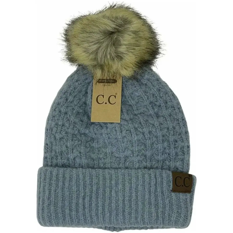 Knitted blue-gray solid smocked stitch fur pom C.C. beanie with furry pompom