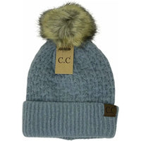 Knitted blue-gray solid smocked stitch fur pom C.C. beanie with furry pompom