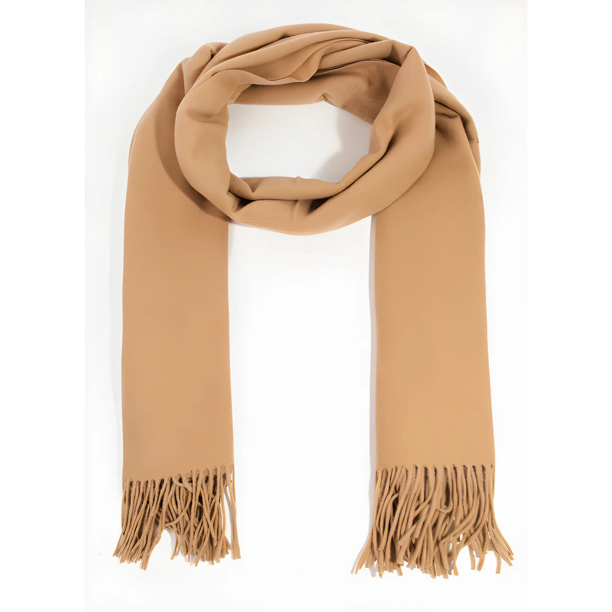 Camel-colored wool oblong scarf with fringed ends for stylish warmth and comfort