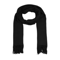 Black knitted solid color oblong scarf with fringed ends for stylish warmth