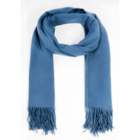 Soft blue wool solid color oblong scarf with fringed ends for elegant style