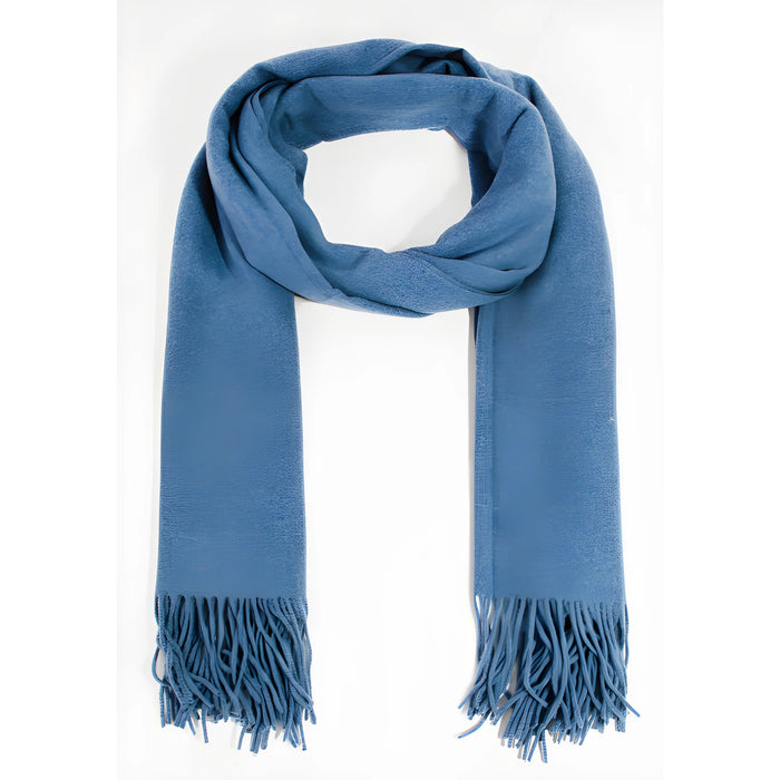 Soft blue wool solid color oblong scarf with fringed ends for elegant style