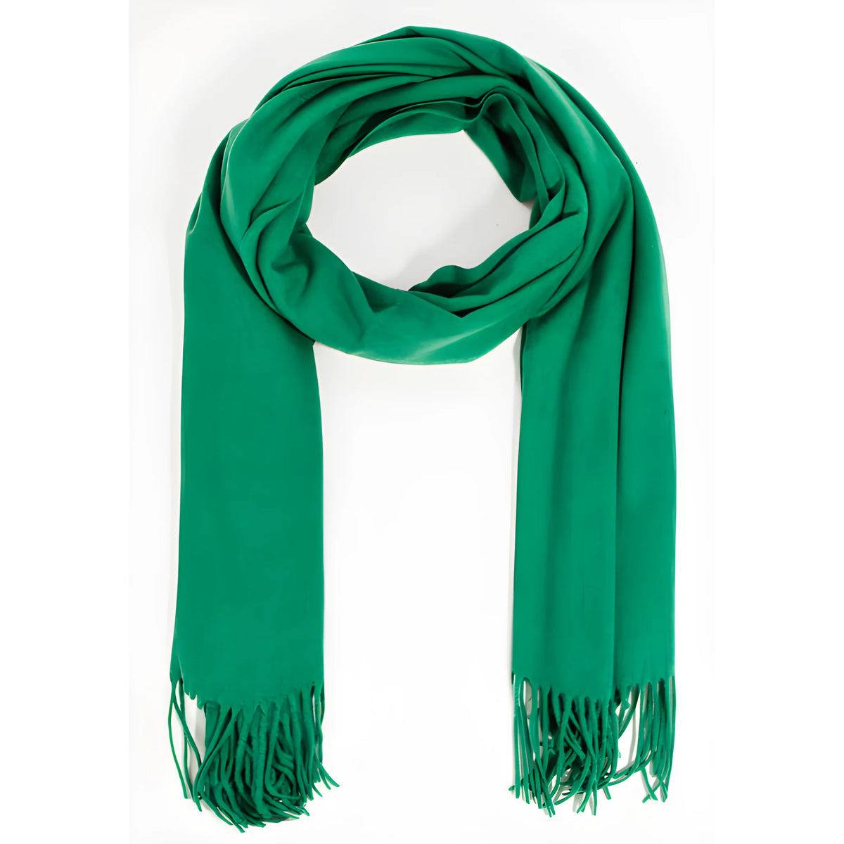 Bright emerald green solid color oblong scarf with fringed tassels at both ends