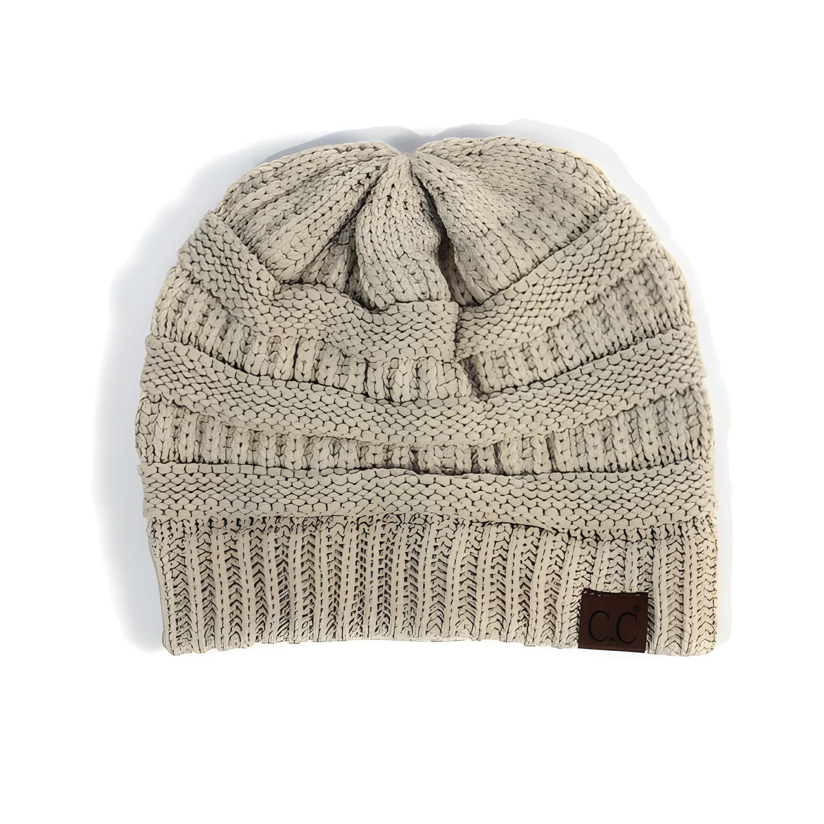 Beige Solid Knit C.C Beanie with ribbed pattern and leather patch for cold weather