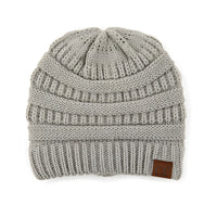 Light gray solid knit beanie with ribbed texture and brown leather patch for cold weather