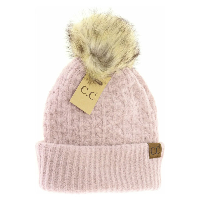 Solid Smocked Stitch Fur Pom C.C Beanie - Dusty Rose
