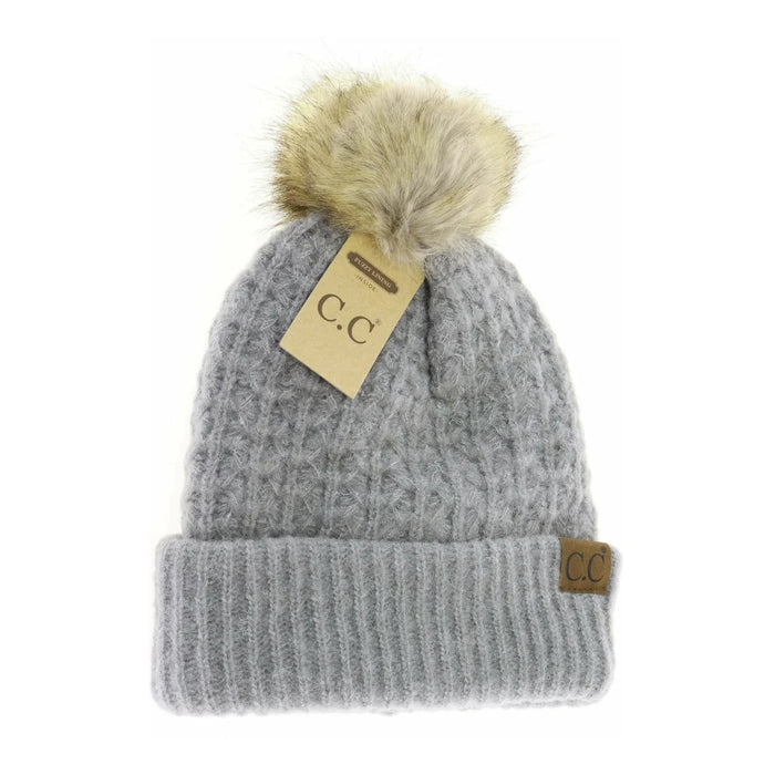 Solid Smocked Stitch Fur Pom C.C Beanie - Light Grey