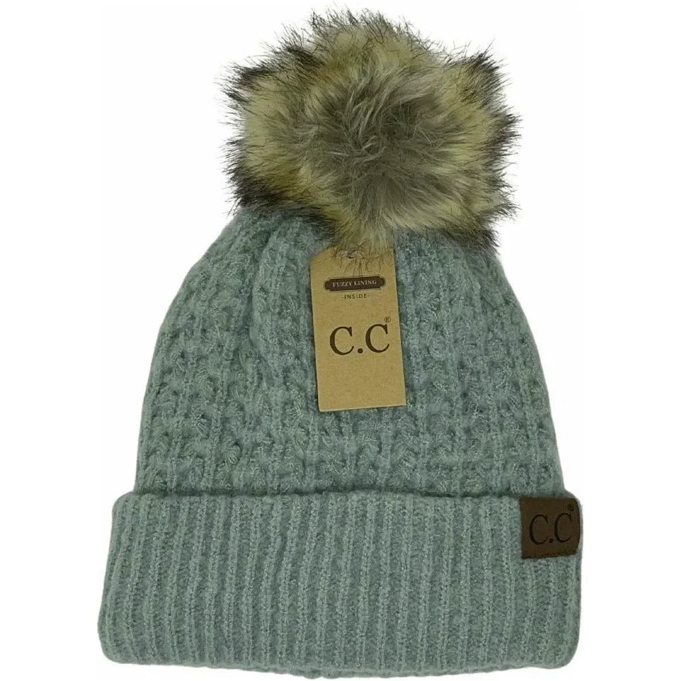 Solid Smocked Stitch Fur Pom C.C Beanie with furry pom-pom and C.C tag