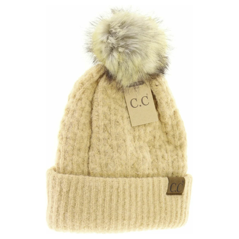 Beige Solid Smocked Stitch Fur Pom C.C Beanie with a fluffy pompom and tag