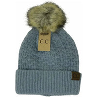 Knitted blue-gray solid smocked stitch fur pom C.C. beanie with furry pompom