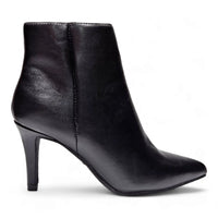 Black leather stiletto pointed bootie with a sleek pointed toe design