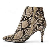 Snakeskin-patterned Stiletto Pointed Bootie with side zipper for stylish footwear