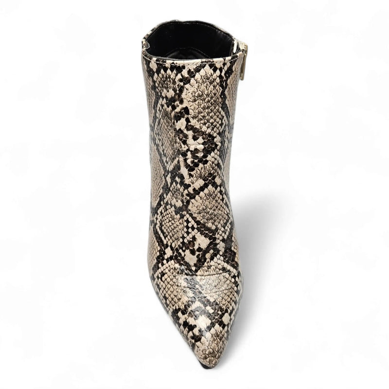 Snakeskin-patterned Stiletto Pointed Bootie with chunky heel and pointed toe design