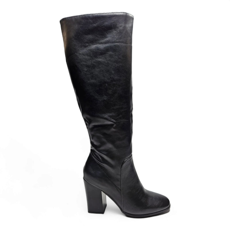 Black leather knee-high Soundscape Boots with a stylish chunky heel