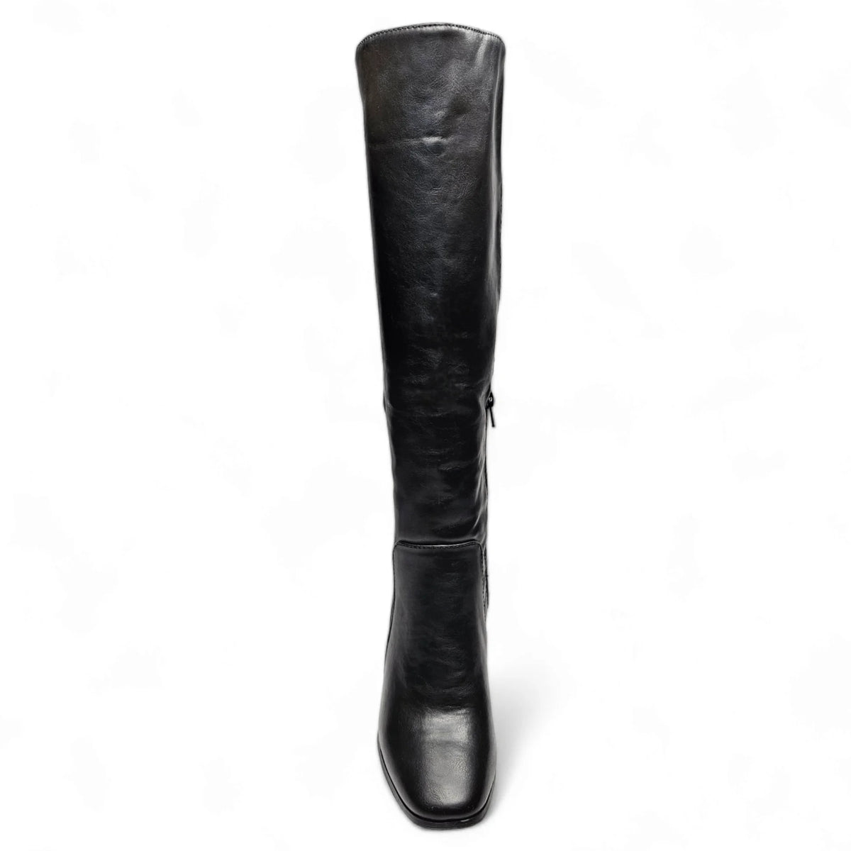 Tall black leather Soundscape Boots with a stylish zipper on the side