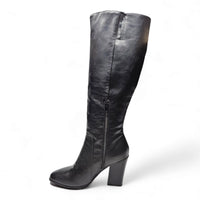 Black leather knee-high Soundscape Boots with chunky heel and side zipper