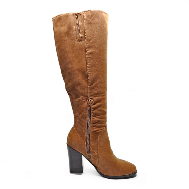 Tall brown leather Soundscape Boots featuring a high chunky heel and side zipper