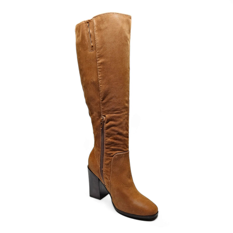 Tall brown leather Soundscape Boots with chunky heel and side zipper