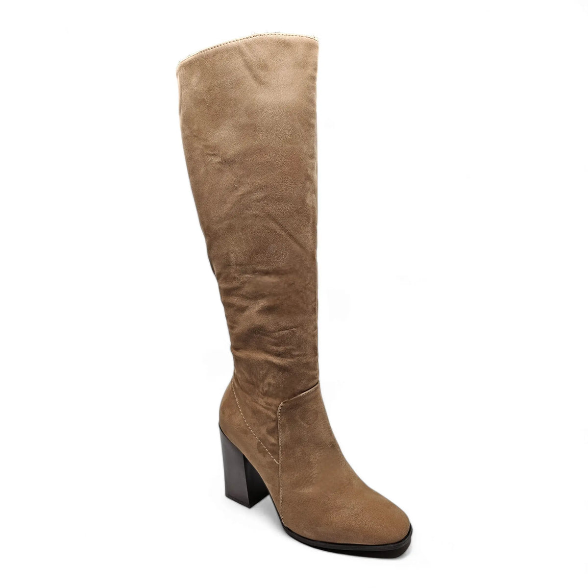 Tall brown leather Soundscape Boots featuring a stylish chunky heel