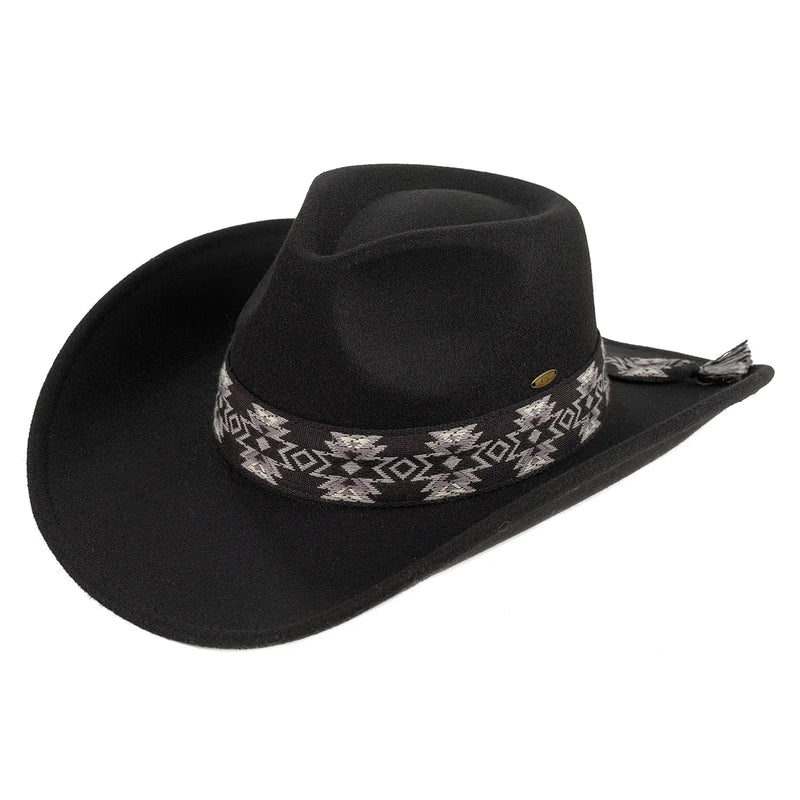 Black cowboy hat featuring a southwest pattern decorative band for stylish western wear