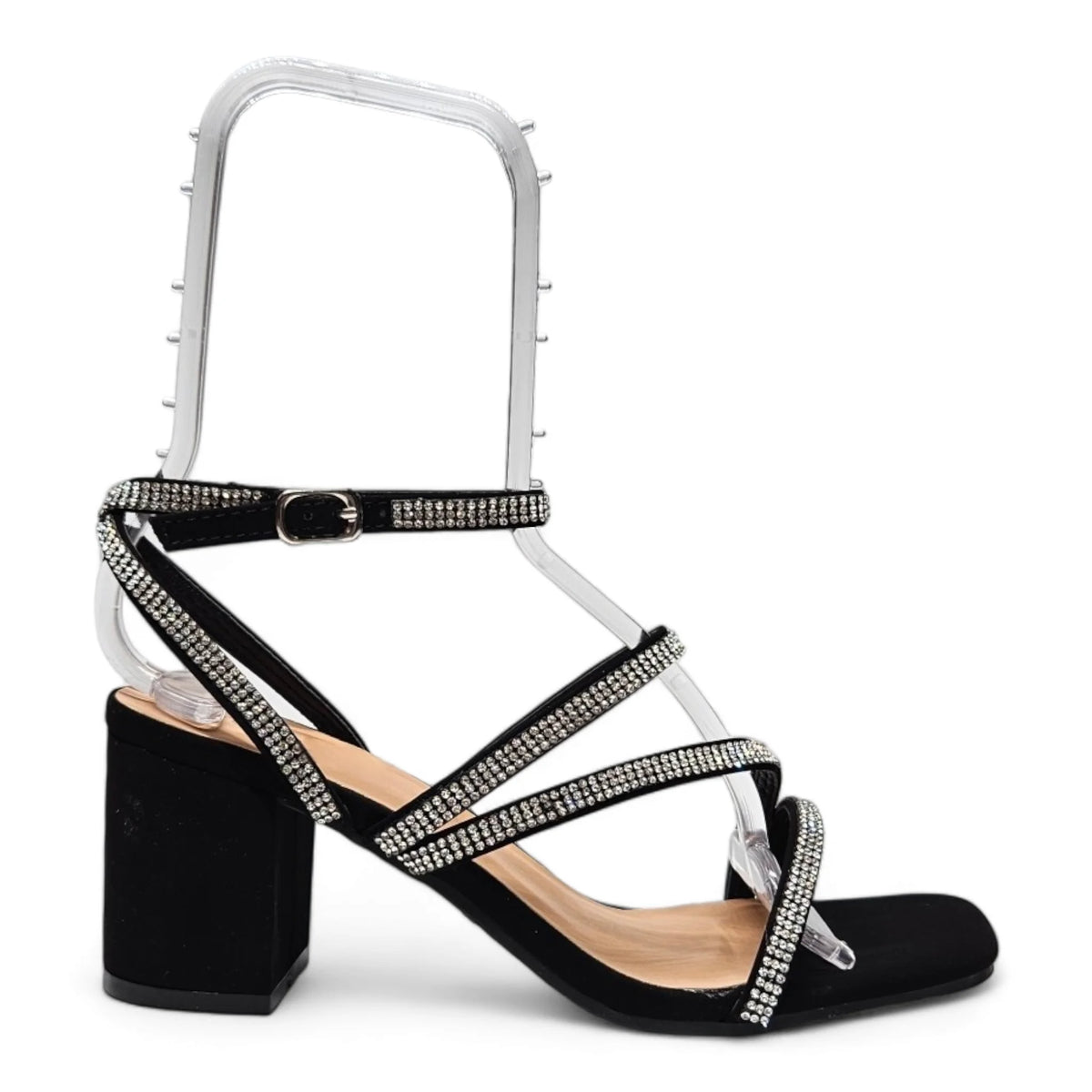 Black strappy Sparkle Night Heel with rhinestones and chunky heel for chic night outings