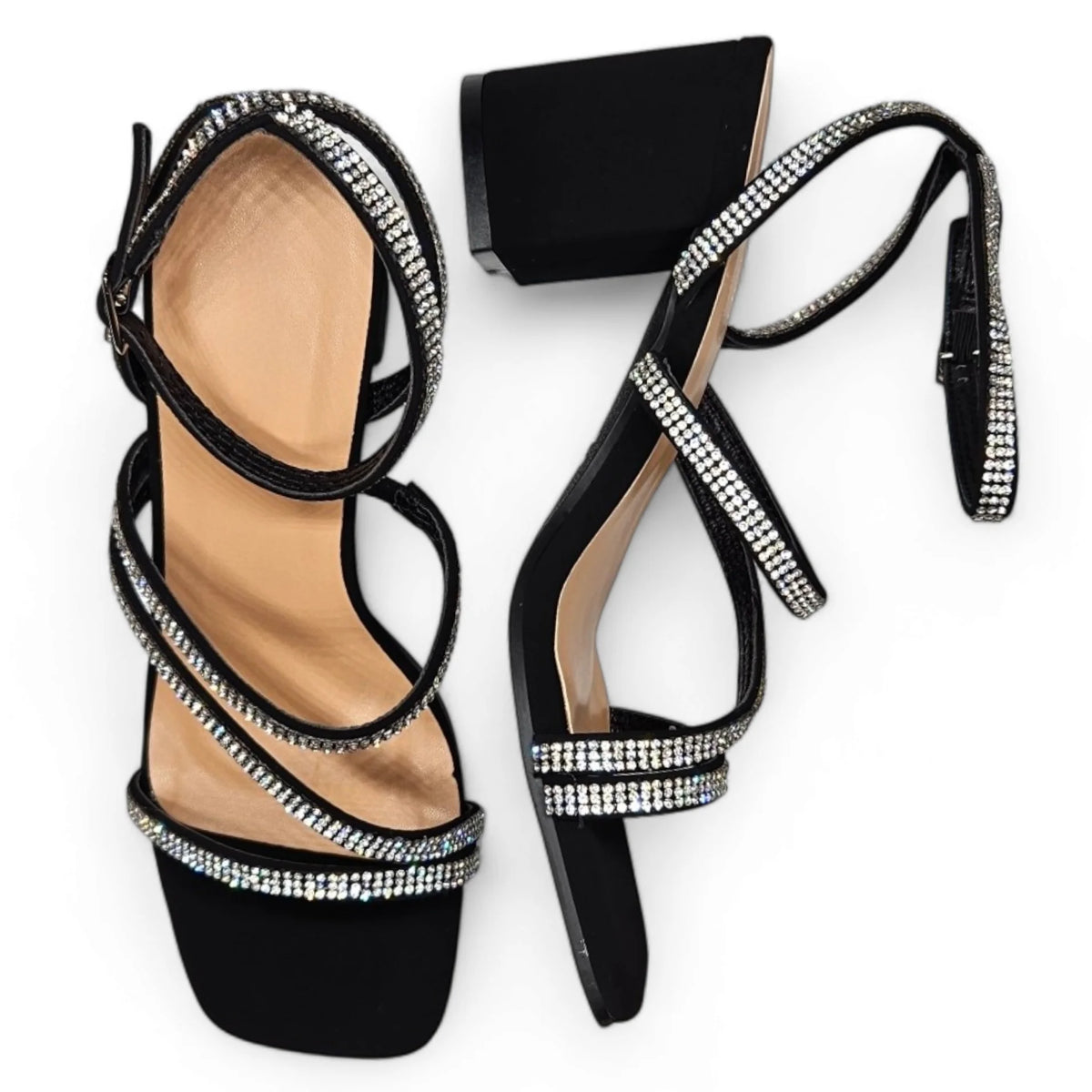 Black strappy sandals with rhinestone embellishments for the Sparkle Night Heel