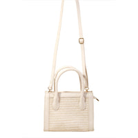 Cream-colored Square Braid Box Handbag with textured front panel and detachable strap