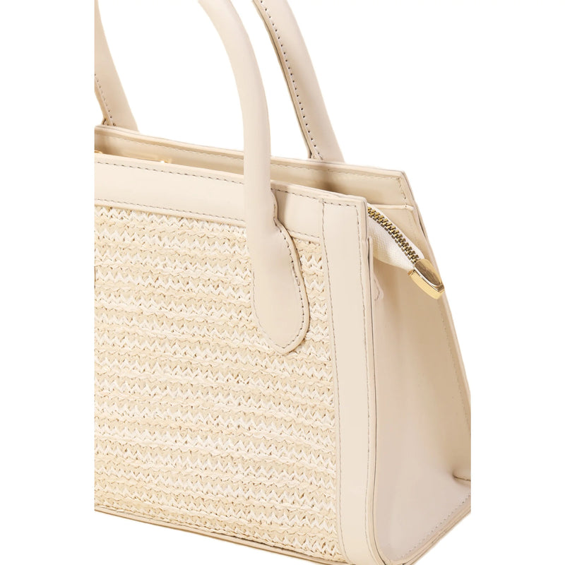 Cream-colored Square Braid Box Handbag with woven straw detailing and leather trim