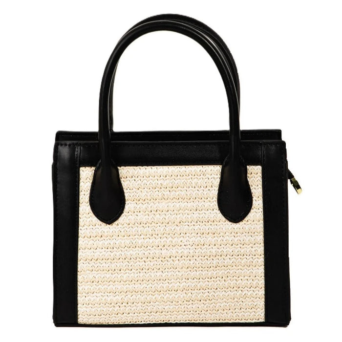 Black leather Square Braid Box Handbag with beige woven center and dual handles