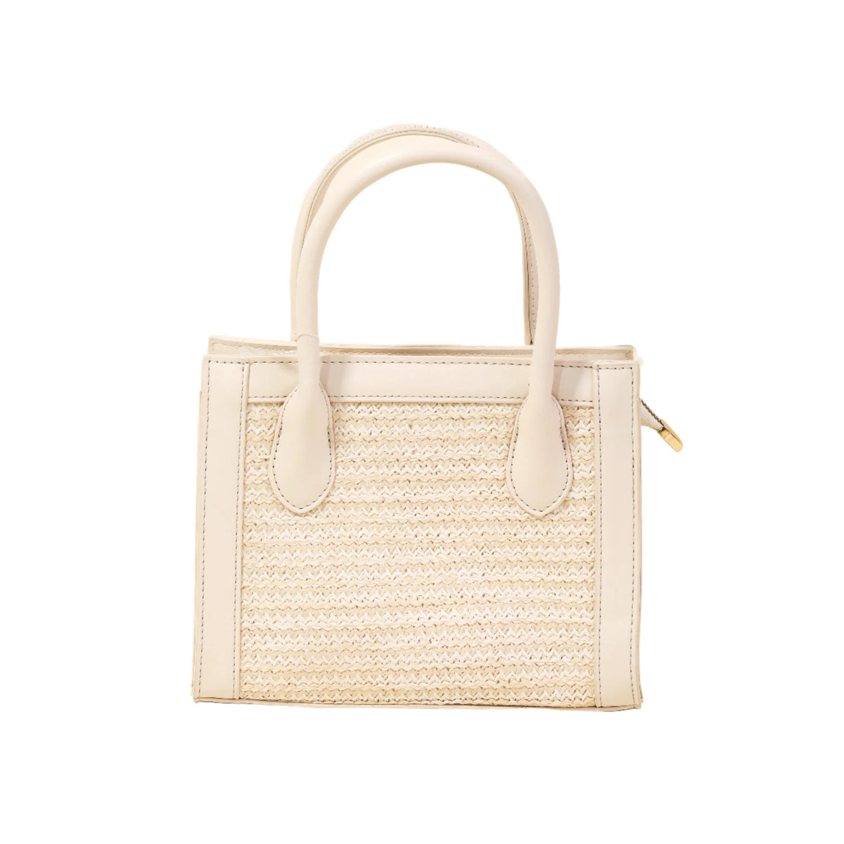 Cream-colored Square Braid Box Handbag with woven straw-like texture and leather trim